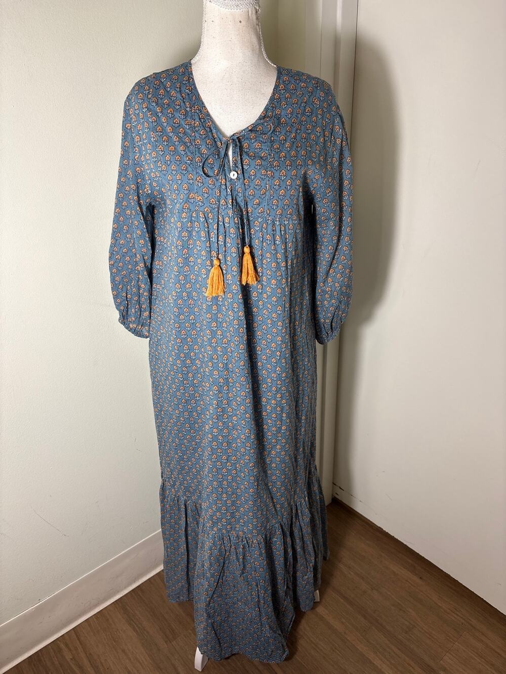Sunshine Tienda Blue Long Sleeve Cotton Maxi Dress Sz S